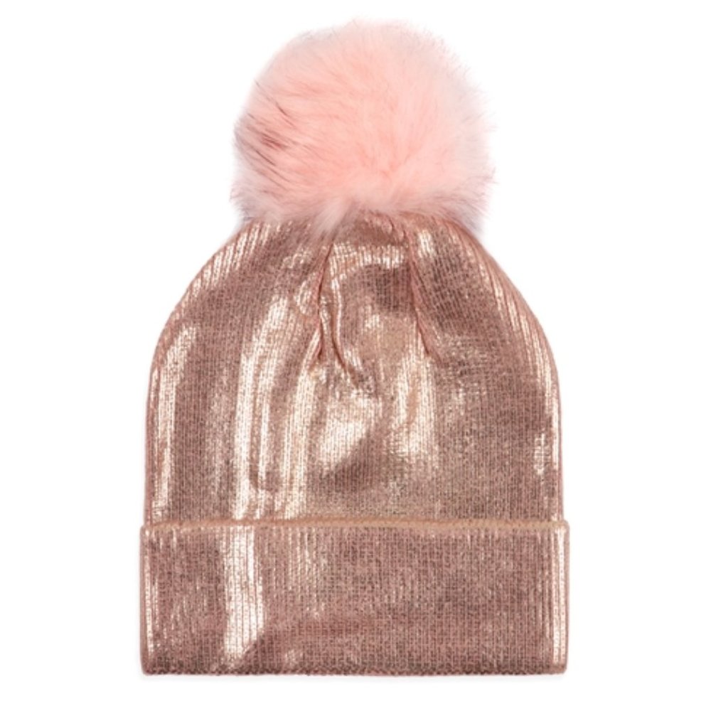 Pink metallic ribbed pom pom hat